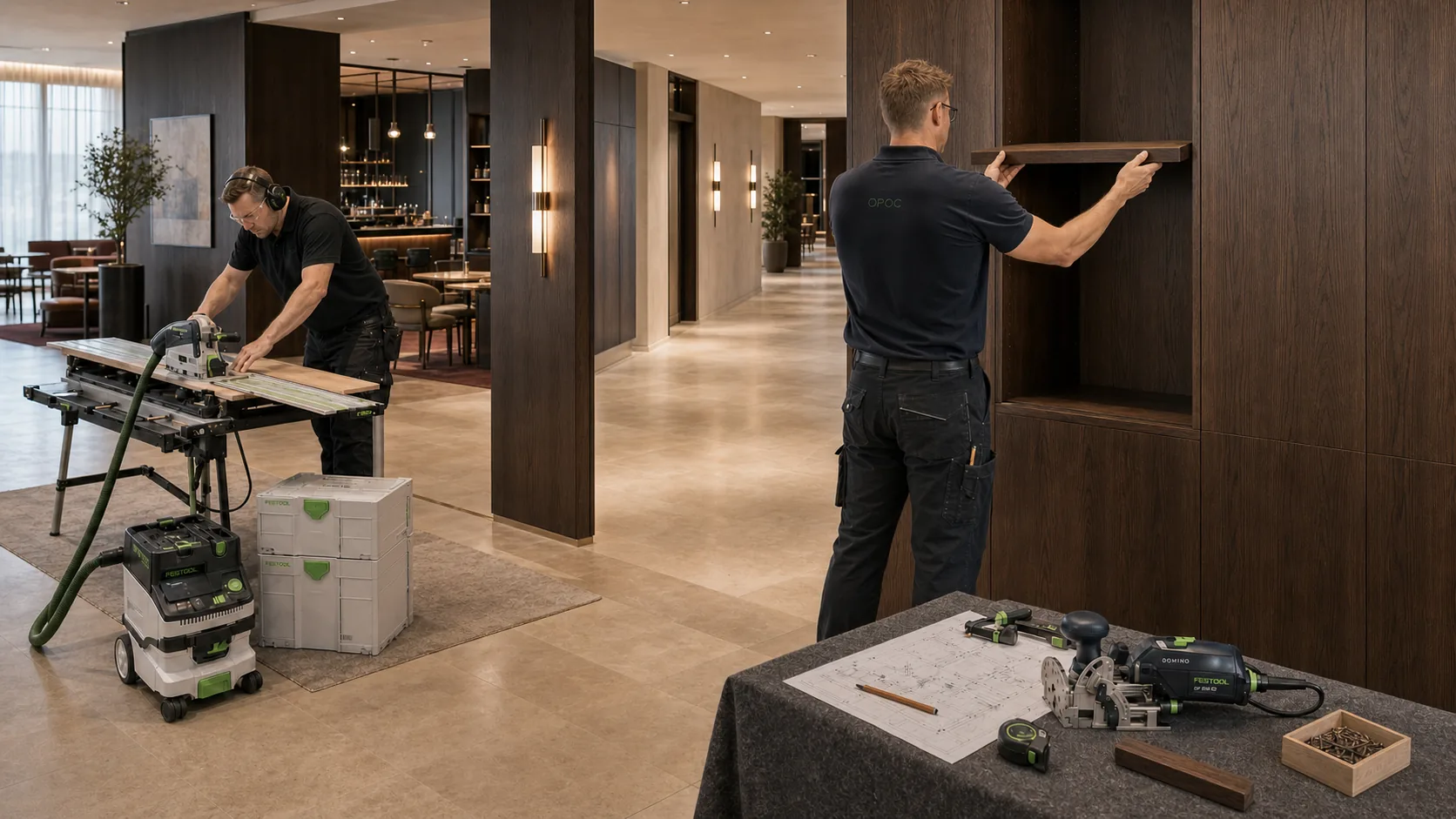 Montagearbete och specialanpassning i en hotellmiljö